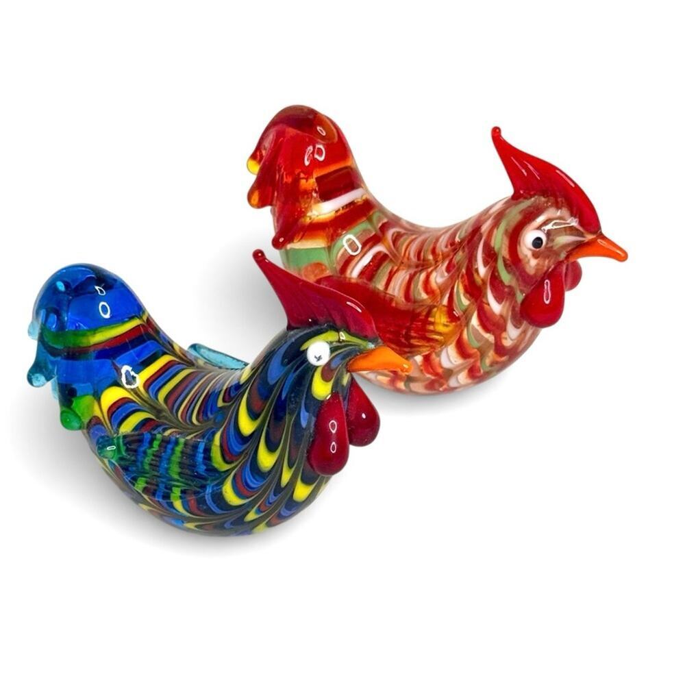 Hand Blown Art Glass Rooster Mini Figurines Country Chicken Farmhouse Set 2 Pair